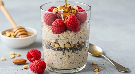 Overnight oats jar with almond milk, chia, fresh raspberries, and nuts. Visible layers in glass and golden honey dripping on top.