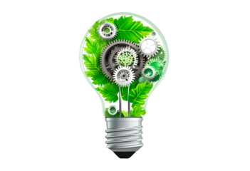 A light bulb made of green leaves and gears isolated on transparent background