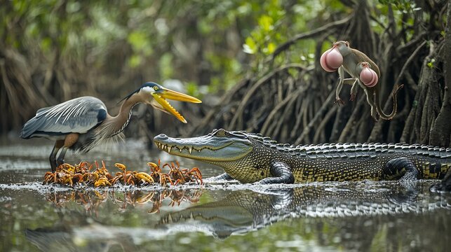Mangrove swamp teeming with saltwater crocodiles mudskippers fiddler crabs proboscis monkeys and herons blending wildlife with brackish waters