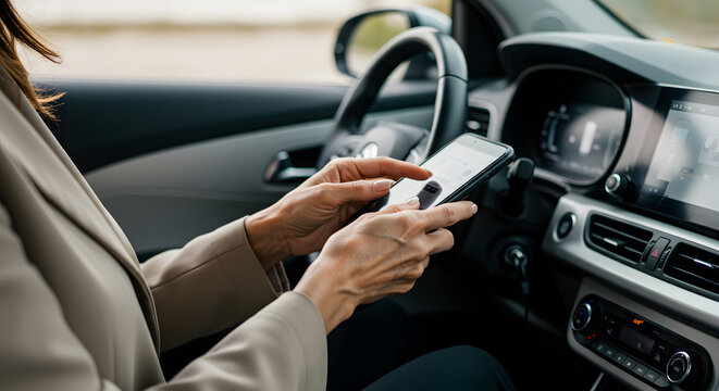 Woman using smartphone in car, modern lifestyle, mobile technology, communication, driving, commute, digital device,  hands texting, screen interaction, travel