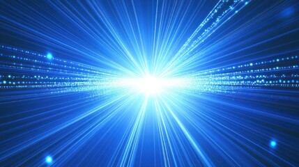 Digital blue lines converge toward a central bright illuminated light source