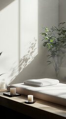 A serene spa setting with a massage table, candles, and a plant, bathed in soft natural light, evoking relaxation and tranquility. Vertical view