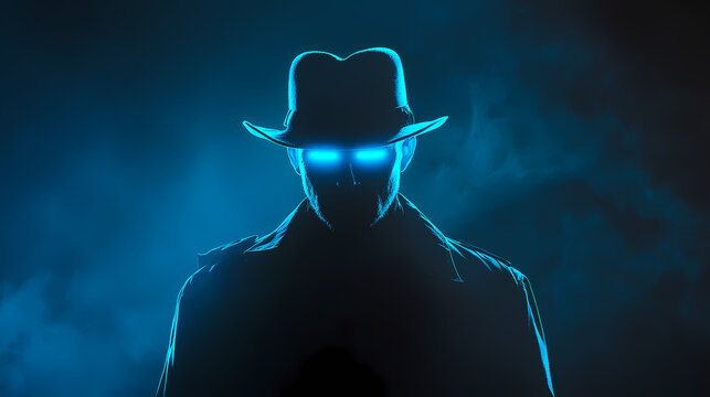 Mysterious Figure with Glowing Eyes: A shadowy figure in a fedora and trench coat stands shrouded in an ominous atmosphere, its eyes illuminated with an intense blue glow.