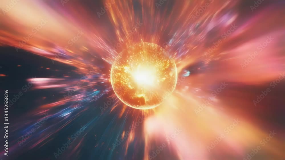 Poster luminous energy sphere radiating vibrant light trails, expanding dynamically against deep dark backd