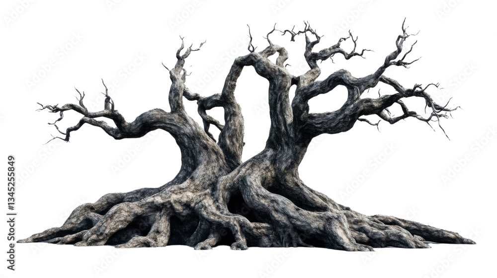 Poster gnarled and twisted old tree standing on transparent background