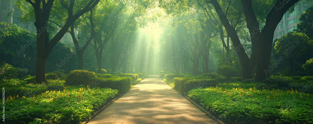 Poster a path through a park with trees and bushes. the path is lined with green grass and the sun is shini