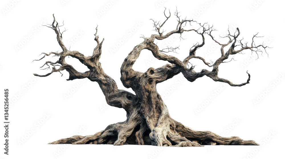 Poster gnarled weathered tree with twisted branches on transparent background