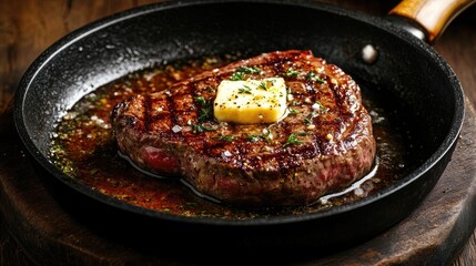 A hot pan filled with steak sizzling in a rich butter and herb sauce.