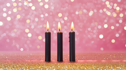 Illuminated Trio: A captivating close-up captures three lit black candles standing on a shimmering surface, set against a soft pink backdrop with blurred, golden bokeh lights, exuding warmth.