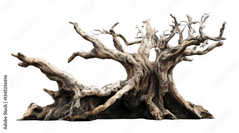 Poster gnarled weathered driftwood tree with transparent background isolated on checkered backdrop