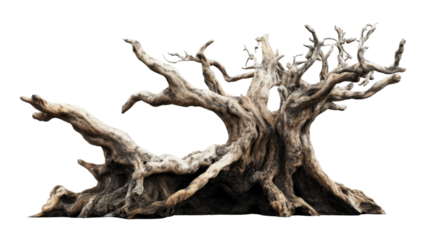 Gnarled weathered driftwood tree with transparent background isolated on checkered backdrop