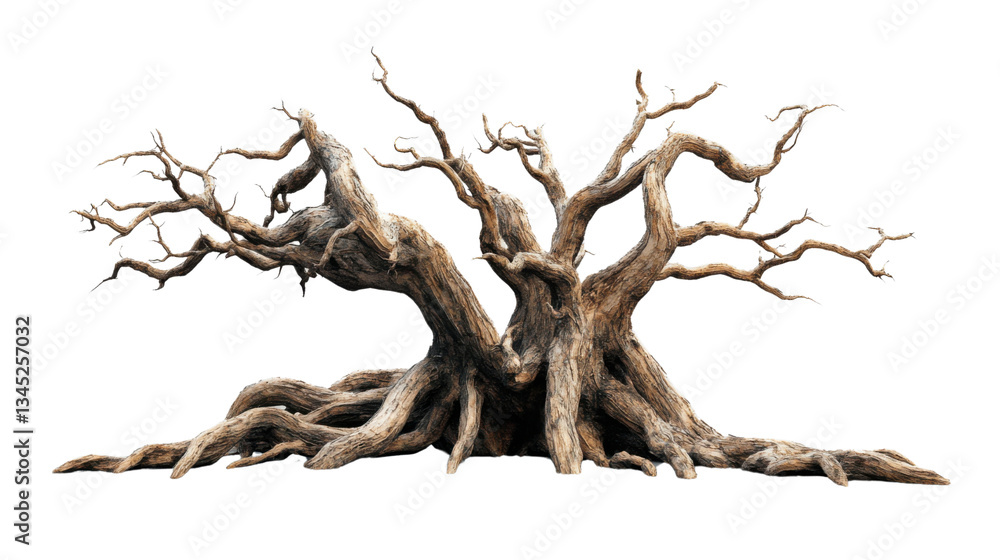 Aufkleber gnarled dead tree with twisted branches and exposed roots on transparent background