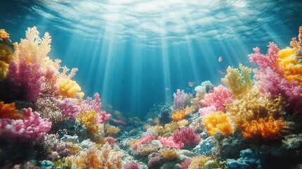 Fototapeta premium A vibrant underwater scene showing colorful coral reefs and sunlight