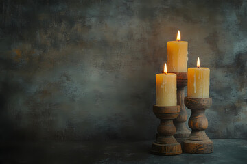 Warmth of Illumination: Three candles casting a soft, inviting glow against a textured background, evoking a sense of serenity and timelessness.
