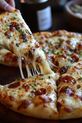 A delicious pizza with gooey cheese and pepperoni, being pulled apart to reveal its melted toppings, served on a wooden board.