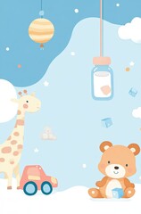 Cute blue background with baby toys and elements for an invitation card