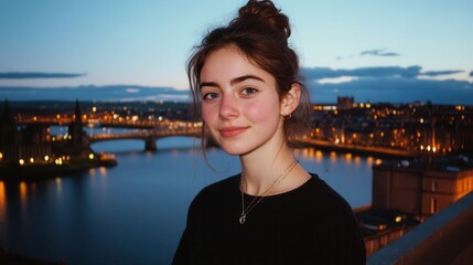 Fototapeta premium Young woman standing in front of a cityscape at dusk with a river and bridge