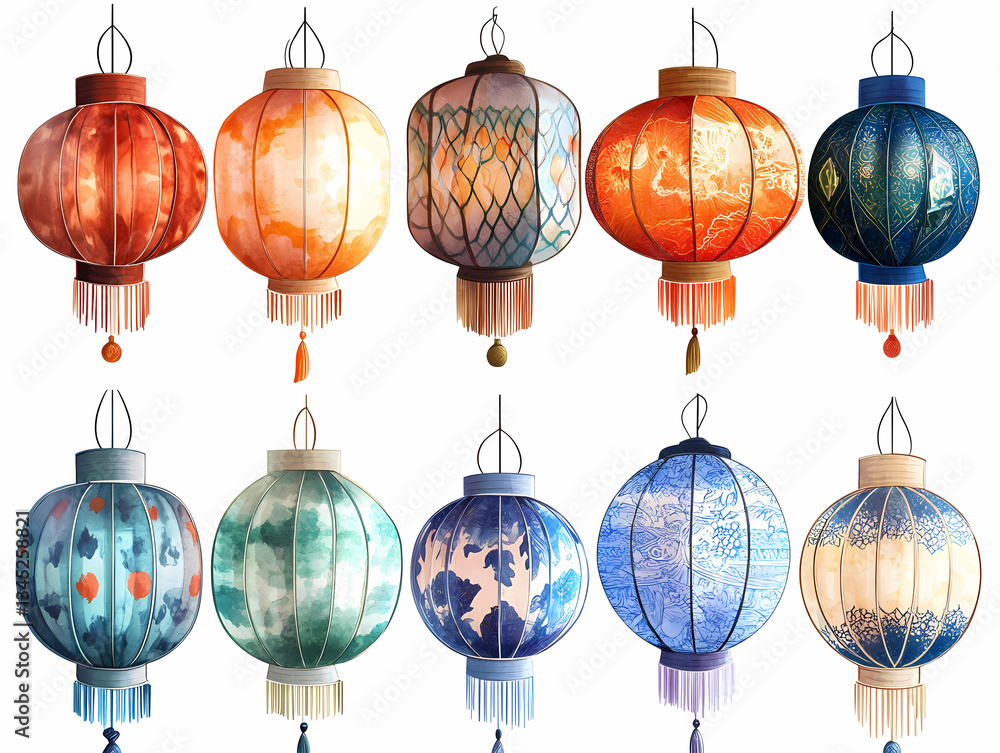 Poster lanterns of celebration: a captivating array of colorful lanterns, each adorned with intricate patte