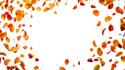Falling autumn leaves on transparent background creating empty space in center