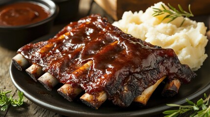A plate of barbecue beef ribs served with a side of mashed potatoes.