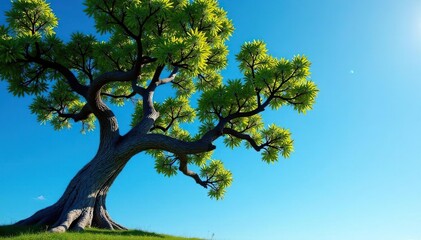 Fototapeta premium Tree with gnarled branches against a bright blue sky, tree, sunlight
