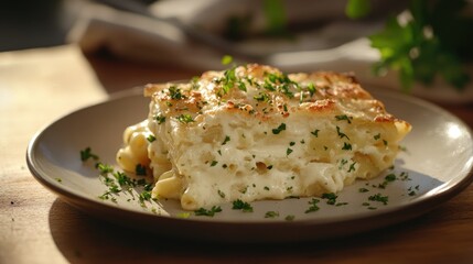 A plate of homemade mac and cheese garnished with parsley on a wooden table.