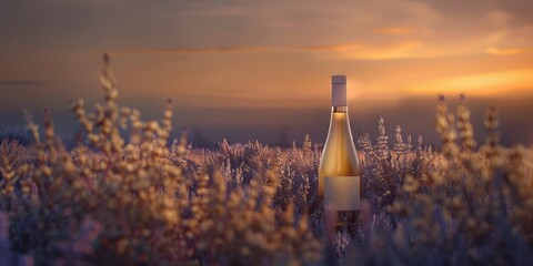 A bottle of white wine in flowers on a lavender background
