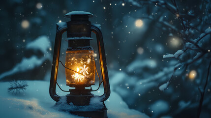 Winter's Glow: A vintage lantern illuminates a snowy landscape, casting a warm and inviting light on the frosted branches and falling snowflakes, evoking feelings of nostalgia and serenity.