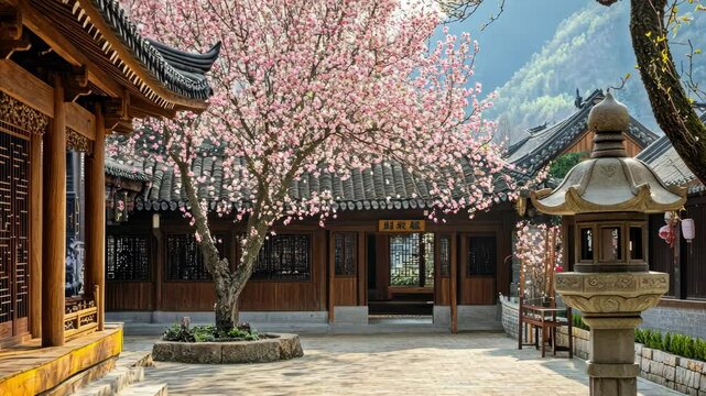 Ancient style courtyard cherry blossom ancient architectural landscape