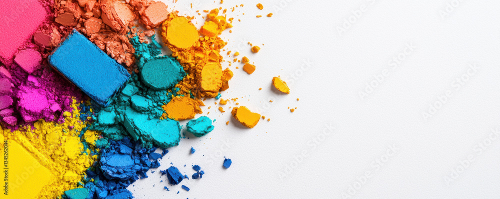 Poster a vibrant array of colorful powdered pigments scattered on a white surface, suggesting creativity an