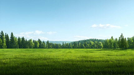 Obraz premium Expansive Green Meadow With Trees Under Clear Sky