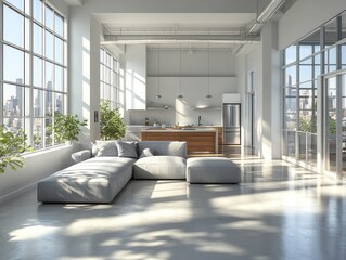 Modern loft living room with city view kitchen