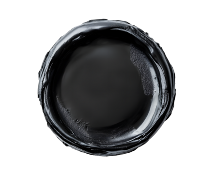 Top View of Glossy Black Paint Puddle in the Middle of Frame on Isolated Black Background