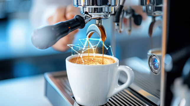 barista skillfully prepares coffee using espresso machine, with digital hologram overlay adding futuristic touch to scene - Powered by Adobe