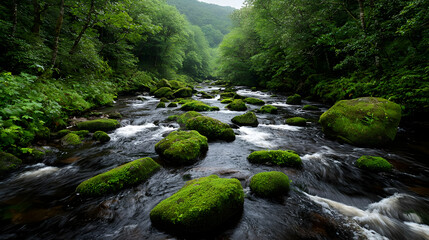Obraz premium Lush Green Stream Flowing Over Moss Covered Rocks Through Dense Forest Scenery