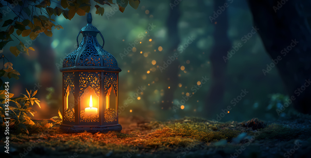 Poster enchanting forest lantern: an ornate lantern casts a warm, inviting glow amid a mystical forest sett