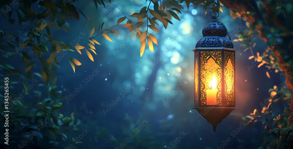 Poster lantern in enchanted forest: a captivating scene of an ornate lantern, casting a warm, inviting glow
