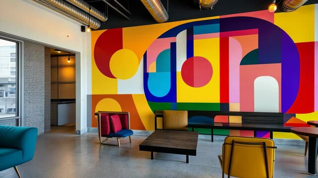 abstract mural with bold colors and geometric shapes, vibrant and modern, focus on artistic composition and design, creative and stylish setting