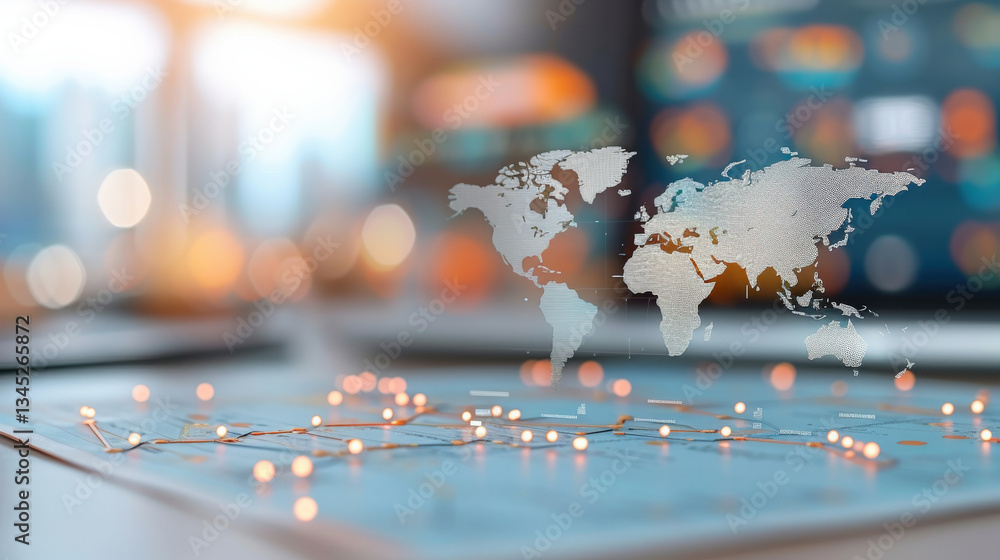 Poster digital world map with trade routes and data points is displayed on blurred background, symbolizing global connectivity and technology. image conveys sense of innovation