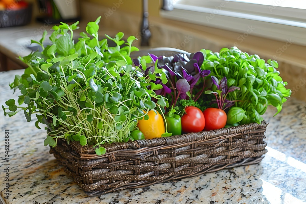 Poster rustic basket overflowing with vibrant microgreens and fresh vegetables on kitchen countertop genera