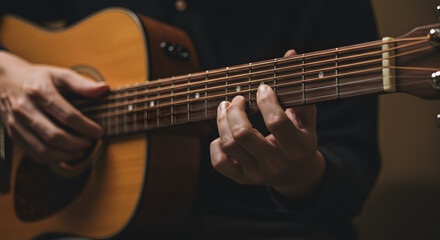 Obraz premium Close-up of Hands Playing Acoustic Guitar Musical Instrument Detail