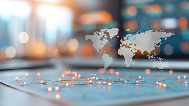 digital world map with trade routes and data points is displayed on blurred background, symbolizing global connectivity and technology. image conveys sense of innovation