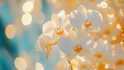 White orchids against a dreamy bokeh background. © VibrantLens
