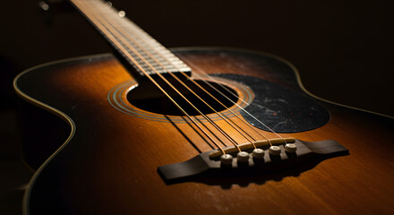 Naklejka premium Vintage Acoustic Guitar Close-Up of Sunburst Wood Grain and Strings