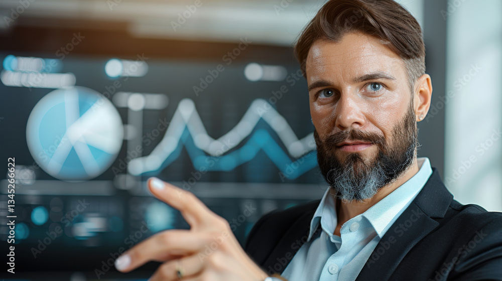 Aufkleber confident man in suit gestures towards digital screen displaying graphs and charts, indicating busin