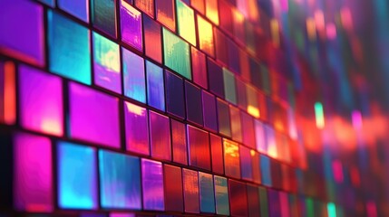 A vibrant mosaic of colorful tiles reflecting light, creating a dynamic visual experience in an artistic setting