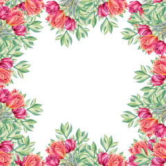 Obraz premium Watercolor square frame with copy space lush bouquet with red orange yellow tulip and succulent leaves on white background. Hand-drawn spring flower for celebration march 8. Art for wallpaper or card