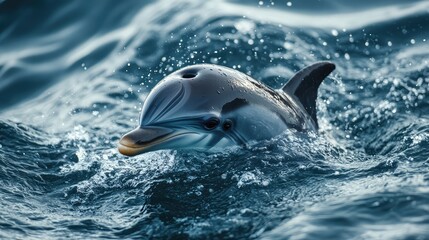 Fototapeta premium A baby dolphin surfacing to take a breath, with waves rippling around it and plenty of space for copy.