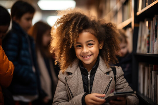  Kids from diverse ethnicities are observed engaging with a digital tablet amidst the shelves of a bustling library