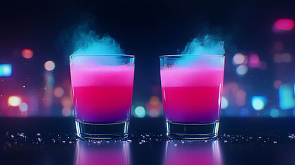 Two Colorful Cocktails In Glasses With Vapor Effect Against Blurred City Night Lights